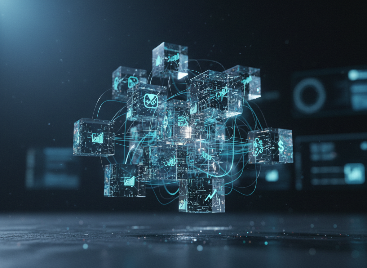 A conceptual close-up of interconnected fintech microservices visualized as translucent, glass-like cubes and hexagonal nodes floating in midair, each etched with tiny circuit patterns and abstract financial symbols. Thin, luminous lines in gradients of blue and cyan link the structures, forming a dynamic, three-dimensional network. The background is a softly blurred, dark gradient environment hinting at a digital operations hub. A gentle, cool spotlight from the upper left creates crisp reflections and refractions through the glass forms, casting delicate light patterns on an unseen surface below. Shot in photographic realism with a shallow depth of field and centered composition, the mood is innovative, elegant, and forward-looking, emphasizing modular, scalable fintech architecture.