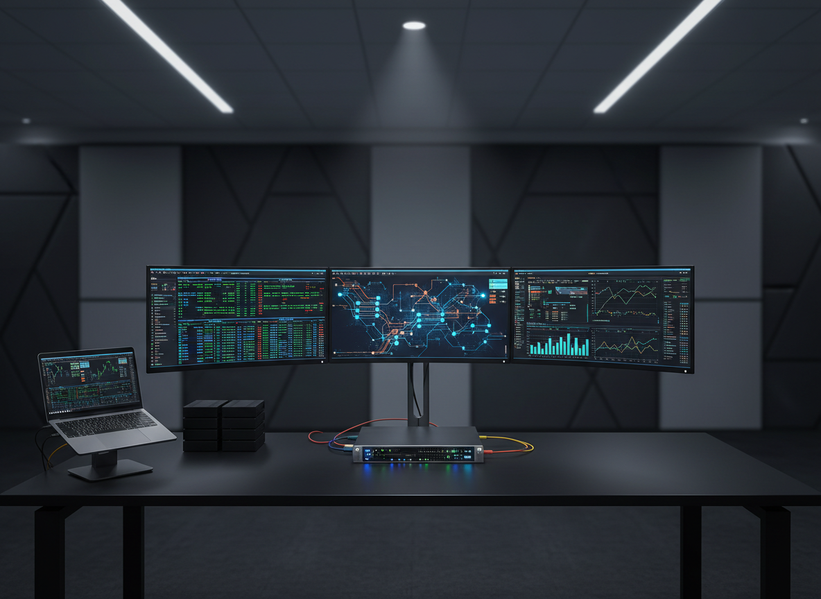 A meticulously organized enterprise operations workspace with a long, matte-black workstation supporting multiple ultra-wide curved monitors, each displaying different layers of a digital financial infrastructure: real-time transaction streams, network topology maps, and performance analytics. A brushed aluminum laptop is docked beside a neatly arranged array of solid-state drives and a compact, high-end network switch with tiny indicator lights. Cool, indirect ambient lighting from recessed ceiling panels casts a soft, even glow, while a single spotlight from above creates subtle highlights on metal surfaces. Large, dark acoustic panels line the walls, slightly out of focus. Photographic realism from a slightly elevated angle with balanced composition conveys a mood of focused efficiency and scalable enterprise control.